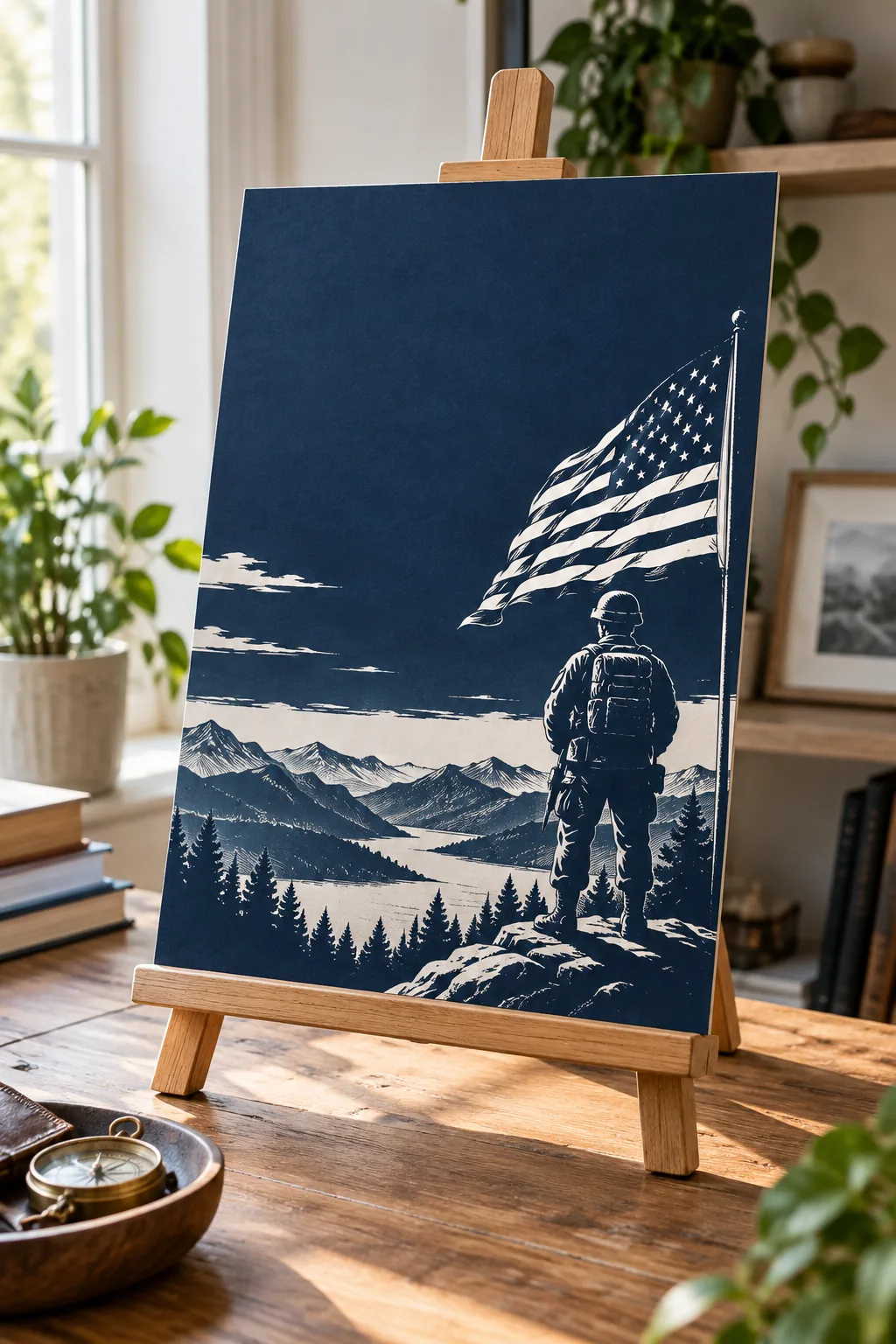 A deep navy poster with white graphics displayed on a wooden tabletop easel.