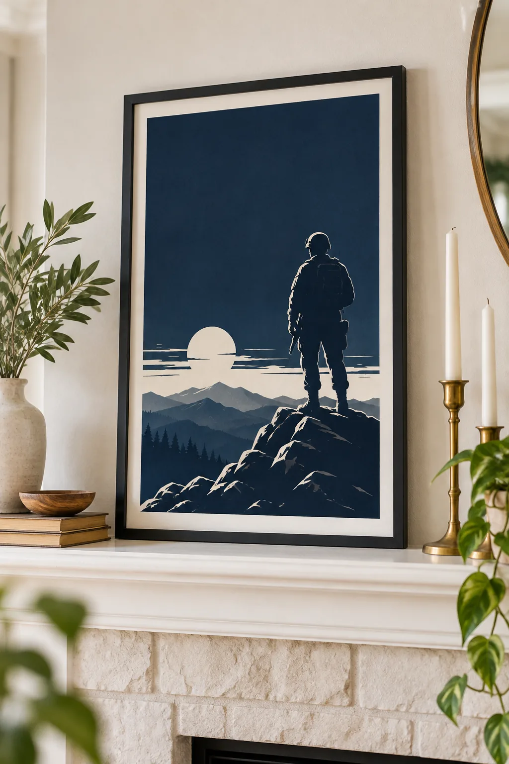 A framed poster on a white wall showing flush-left aligned white text.
