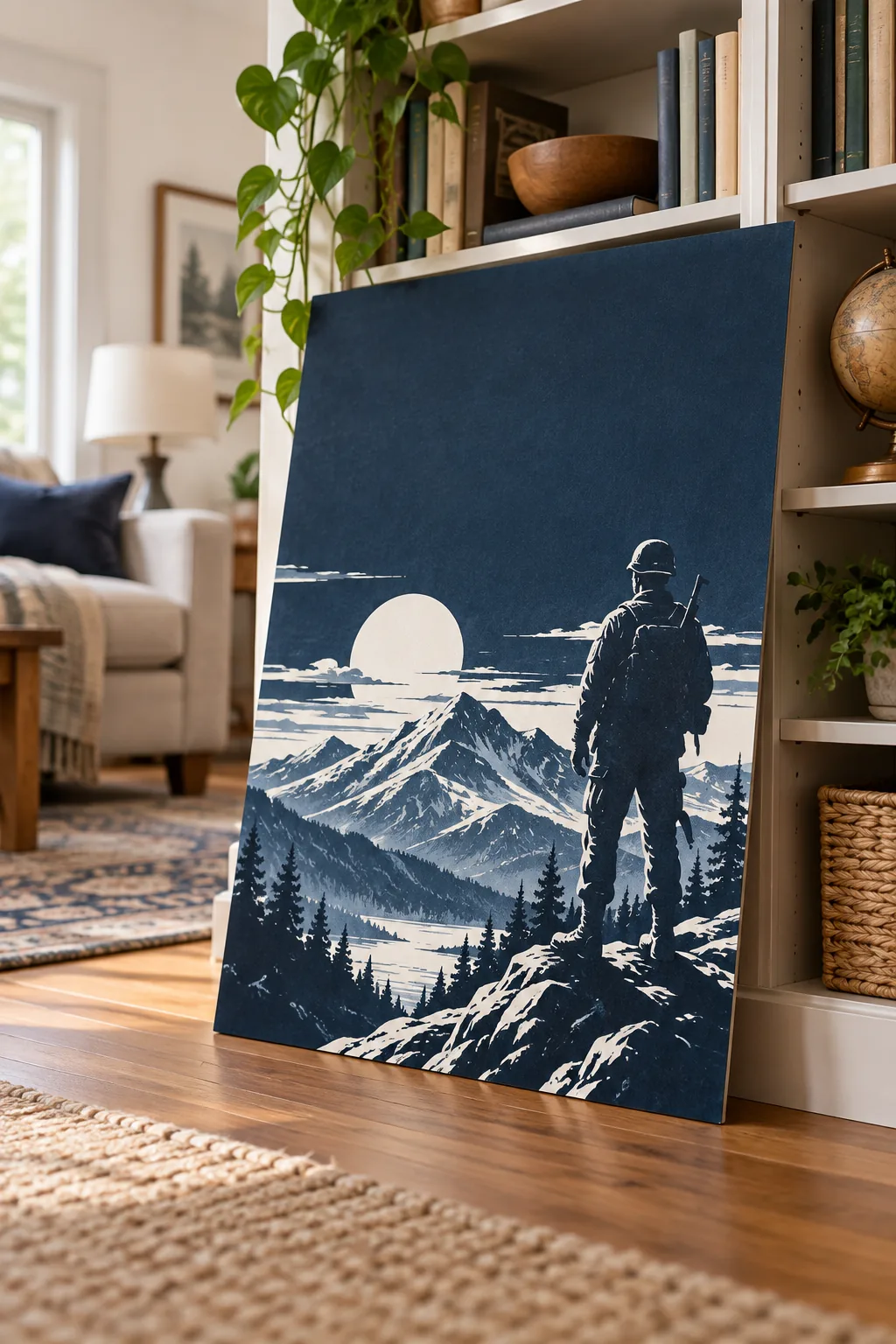 Low-angle view of a poster where the bottom mountain graphic extends completely off the paper edge.