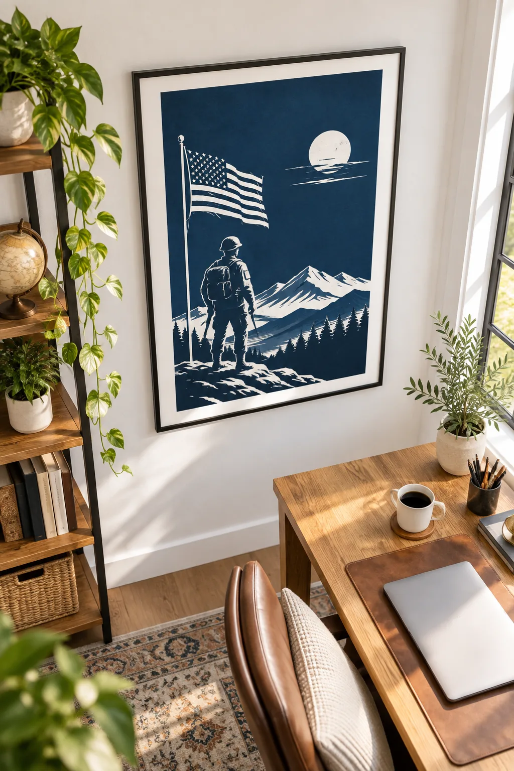 A fully framed Veterans Day poster hanging in a bright, modern home office.
