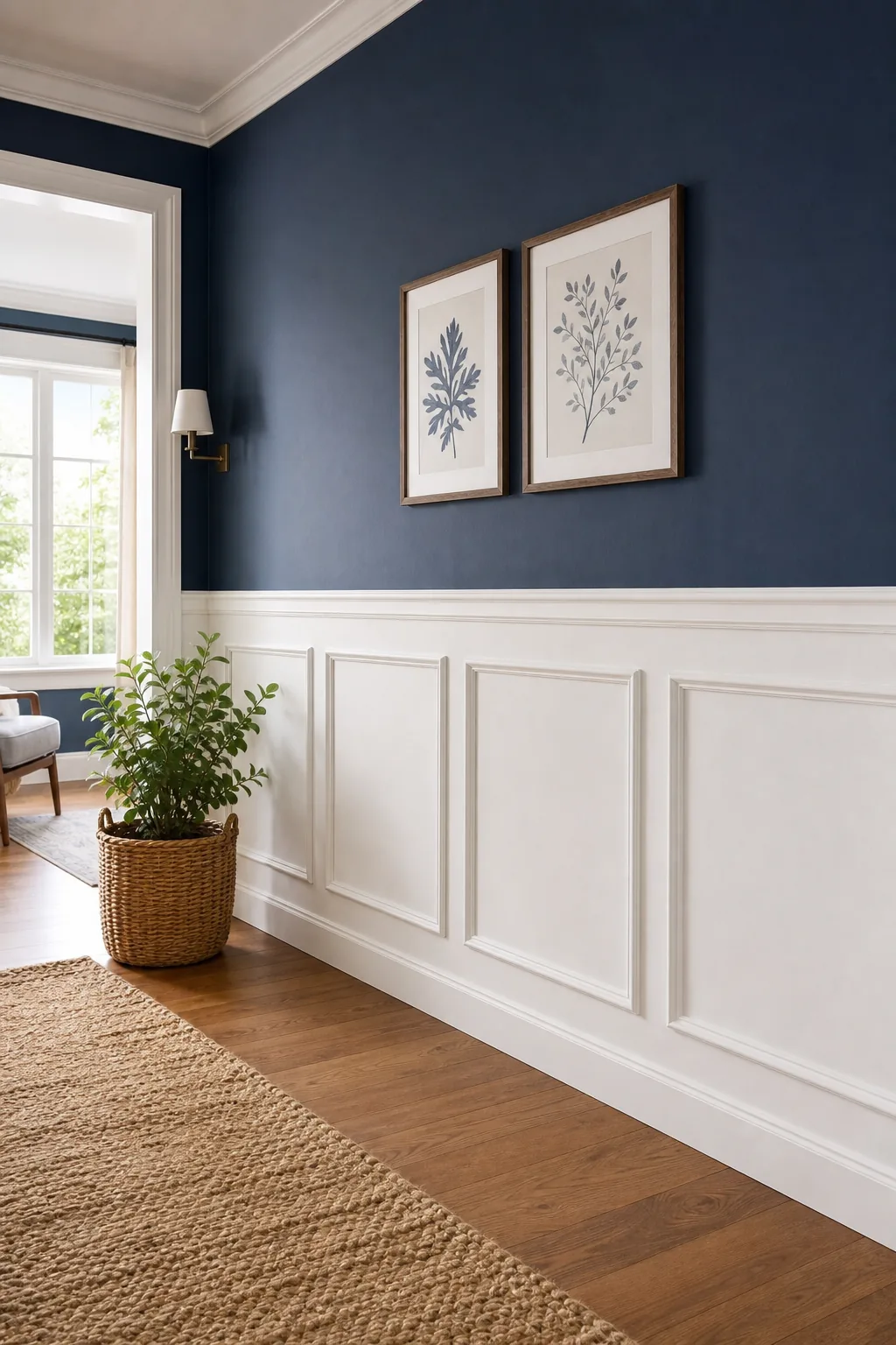 A wide view of a hallway showing white wainscoting covering the bottom third of a dark blue wall.