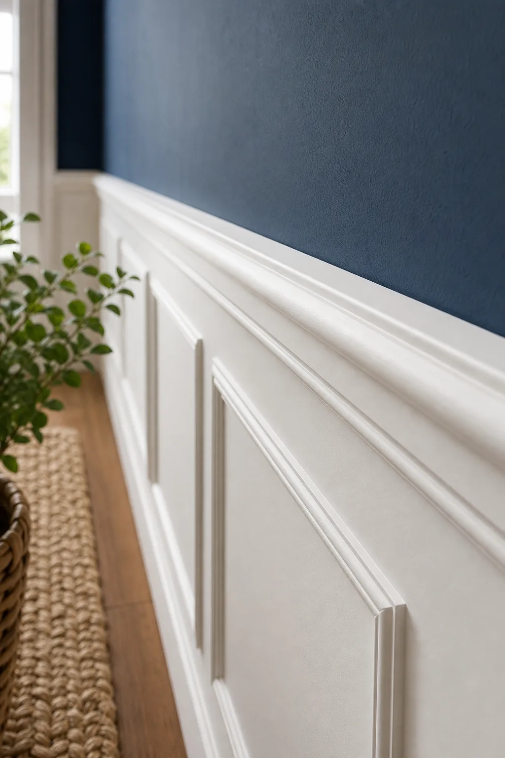 Close-up of a flat white baseboard meeting a hardwood floor and a jute rug.