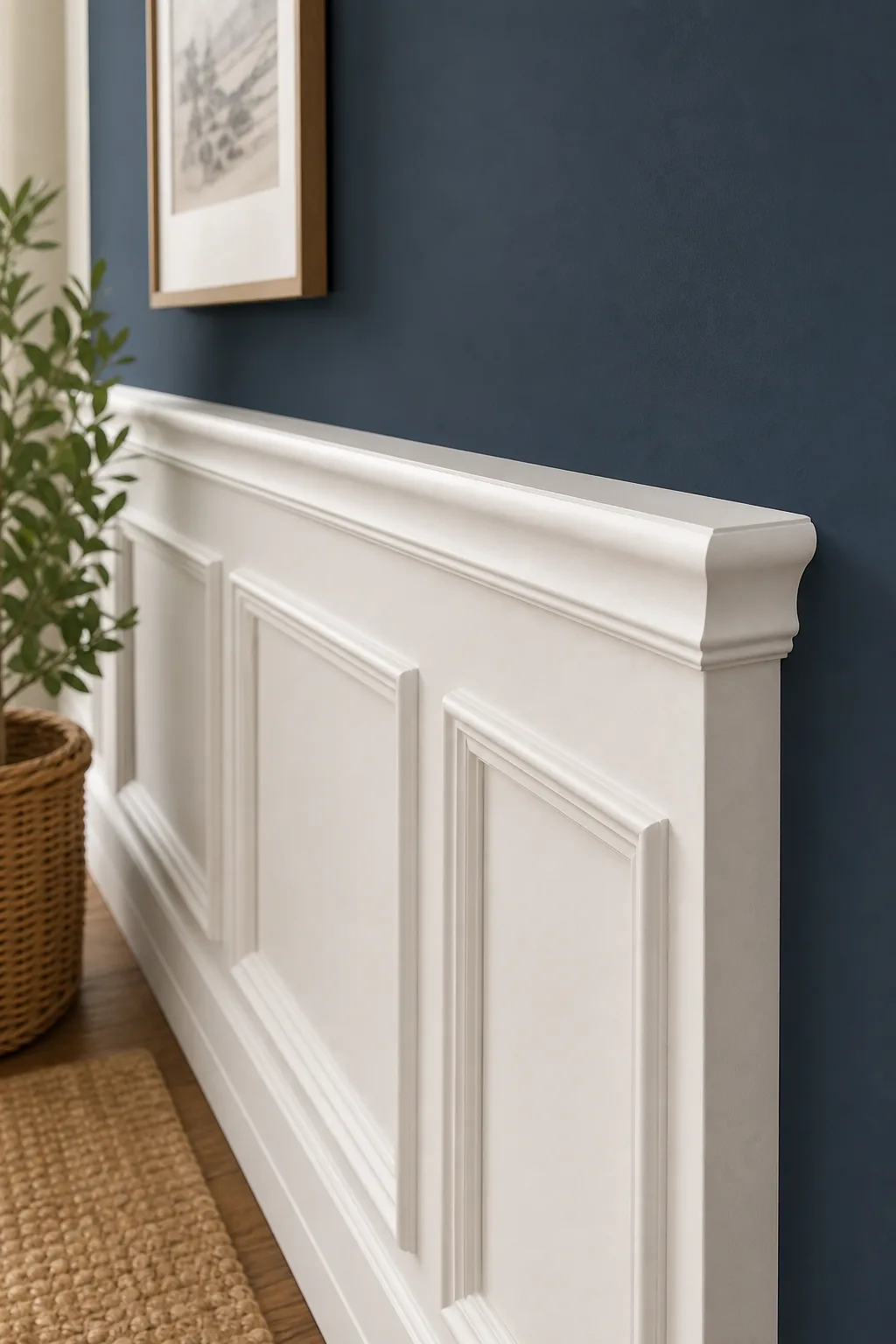 Angled view along the sculpted top edge of a white chair rail against a blue wall.