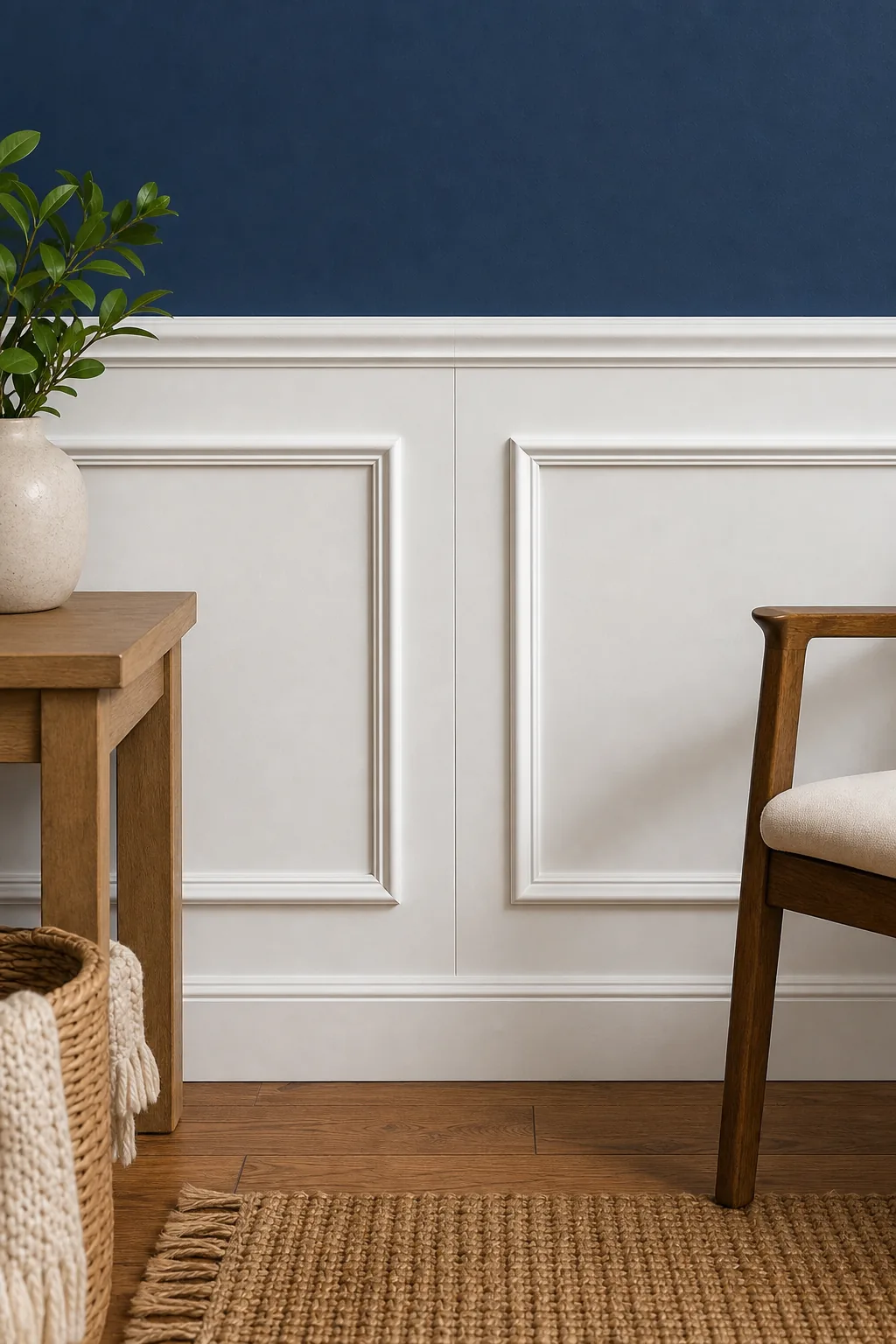 Straight-on view of the vertical gap between two white picture frame molding boxes.