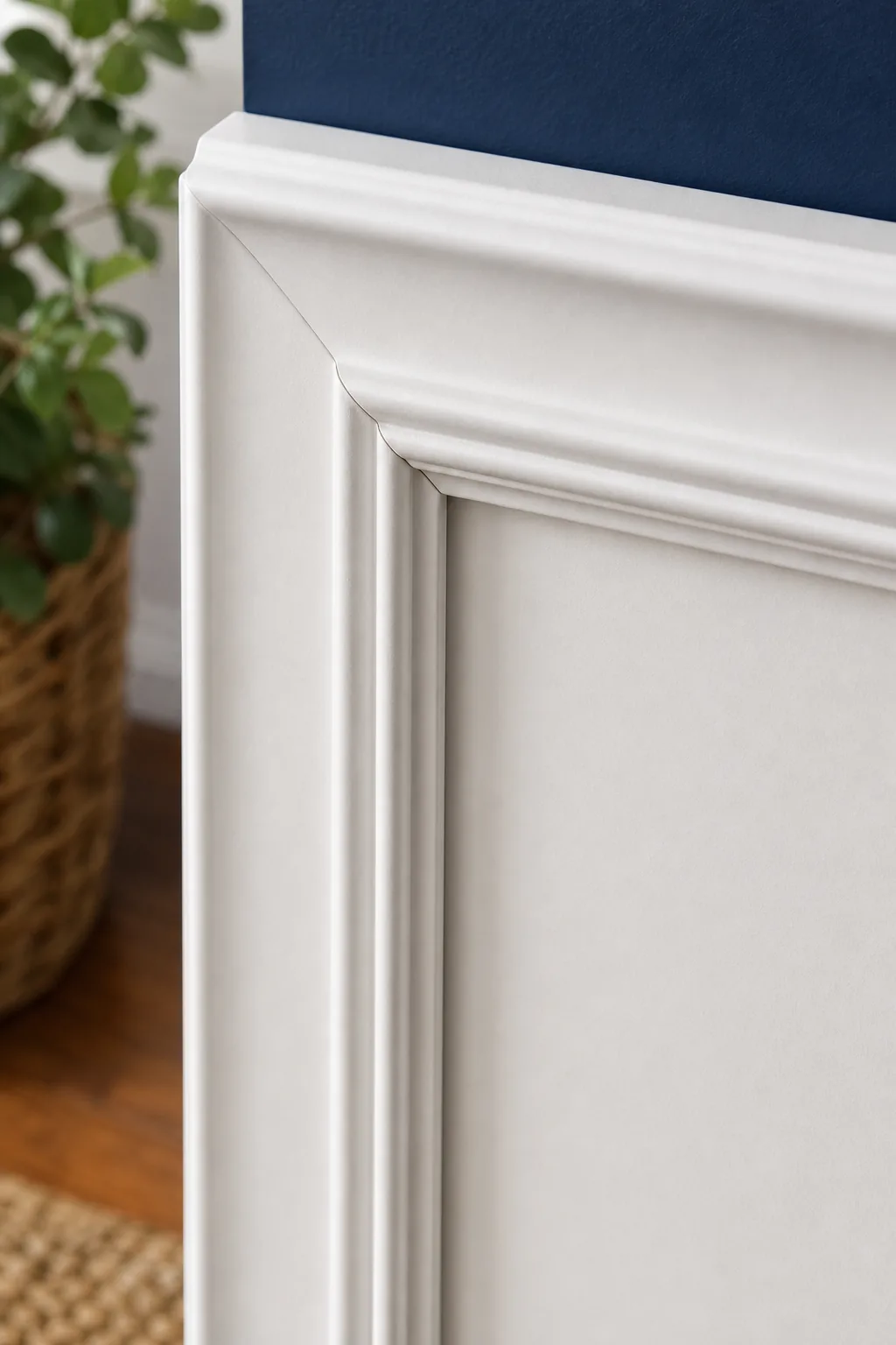 Macro shot of a mitered corner on white decorative panel molding.