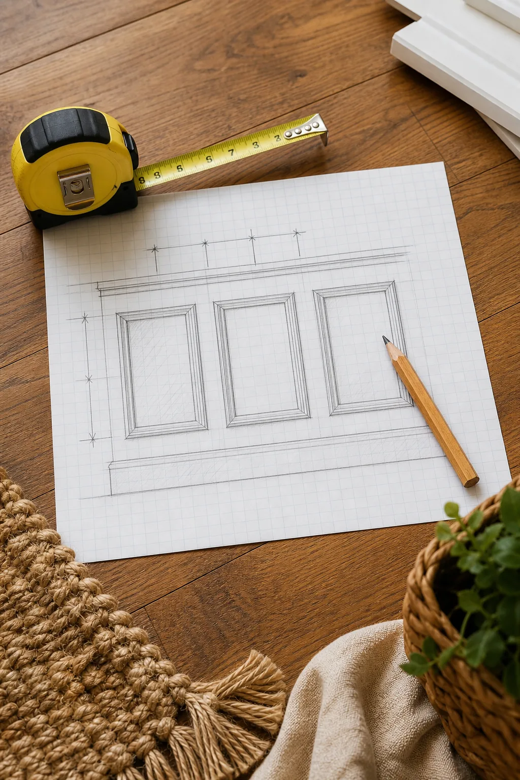 Overhead view of a tape measure, pencil, and sketched wall layout on grid paper.