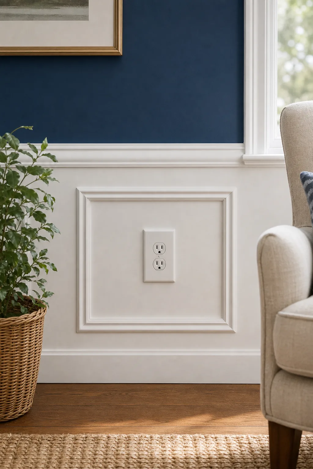 A white wainscoting box perfectly sized to frame an electrical outlet without intersecting it.