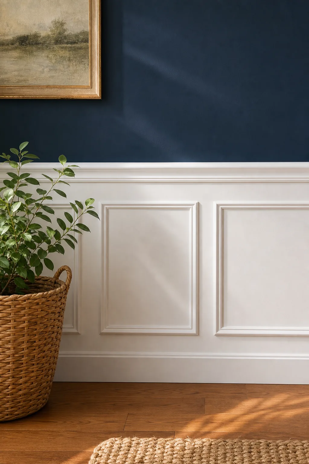Styled view of white wainscoting against a blue wall, accented by green plant leaves.