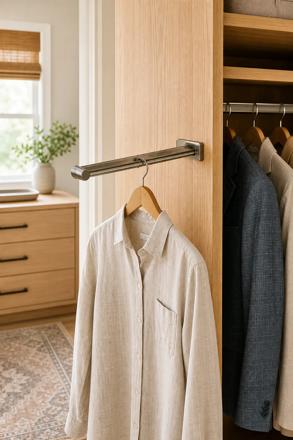 A metal valet rod extended from a wooden closet panel holding a white linen shirt on a hanger.