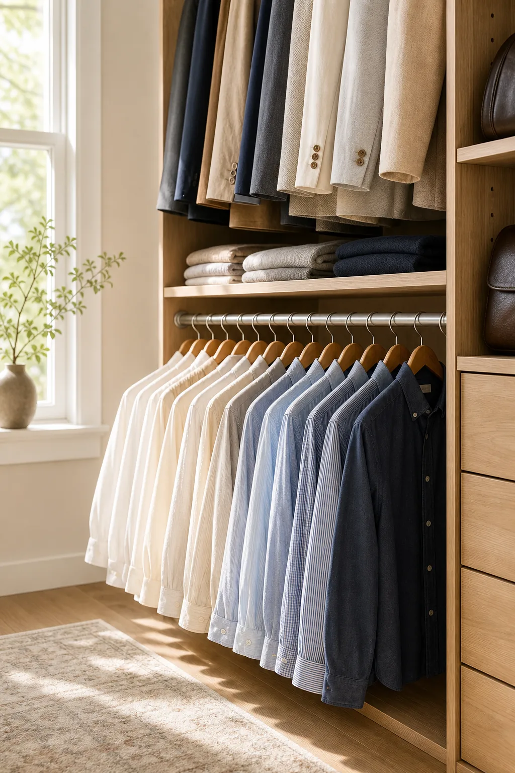 Lower hanging rod in a closet filled with neatly arranged button-down shirts clearing the floor.