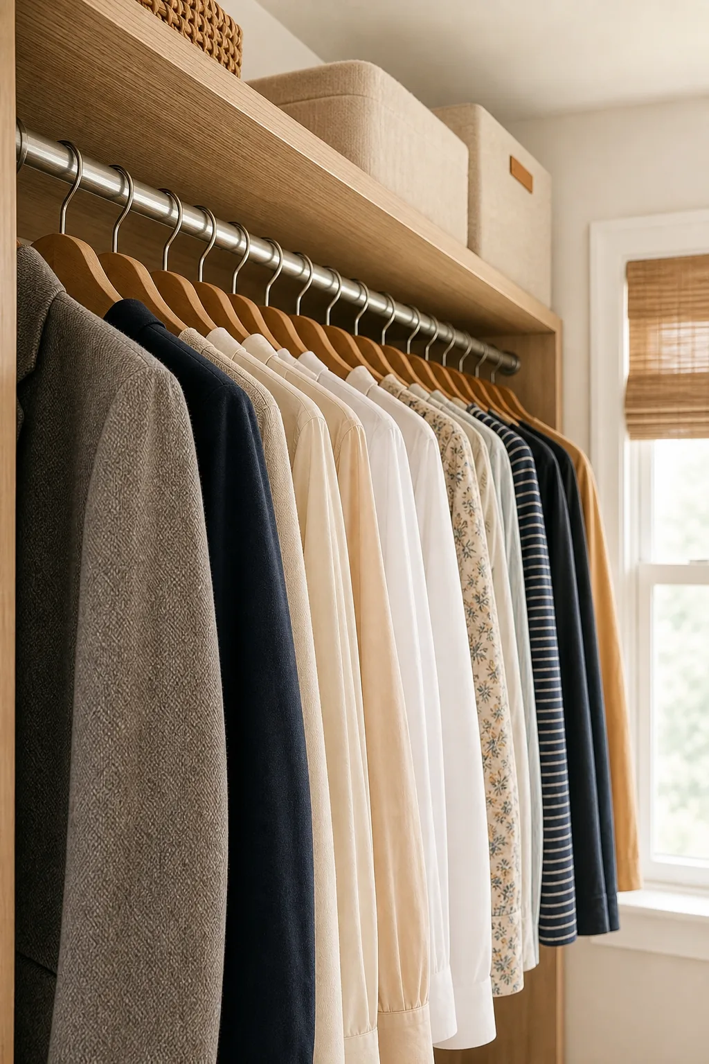 Upper hanging rod in a light wood closet holding jackets and blouses on wooden hangers.