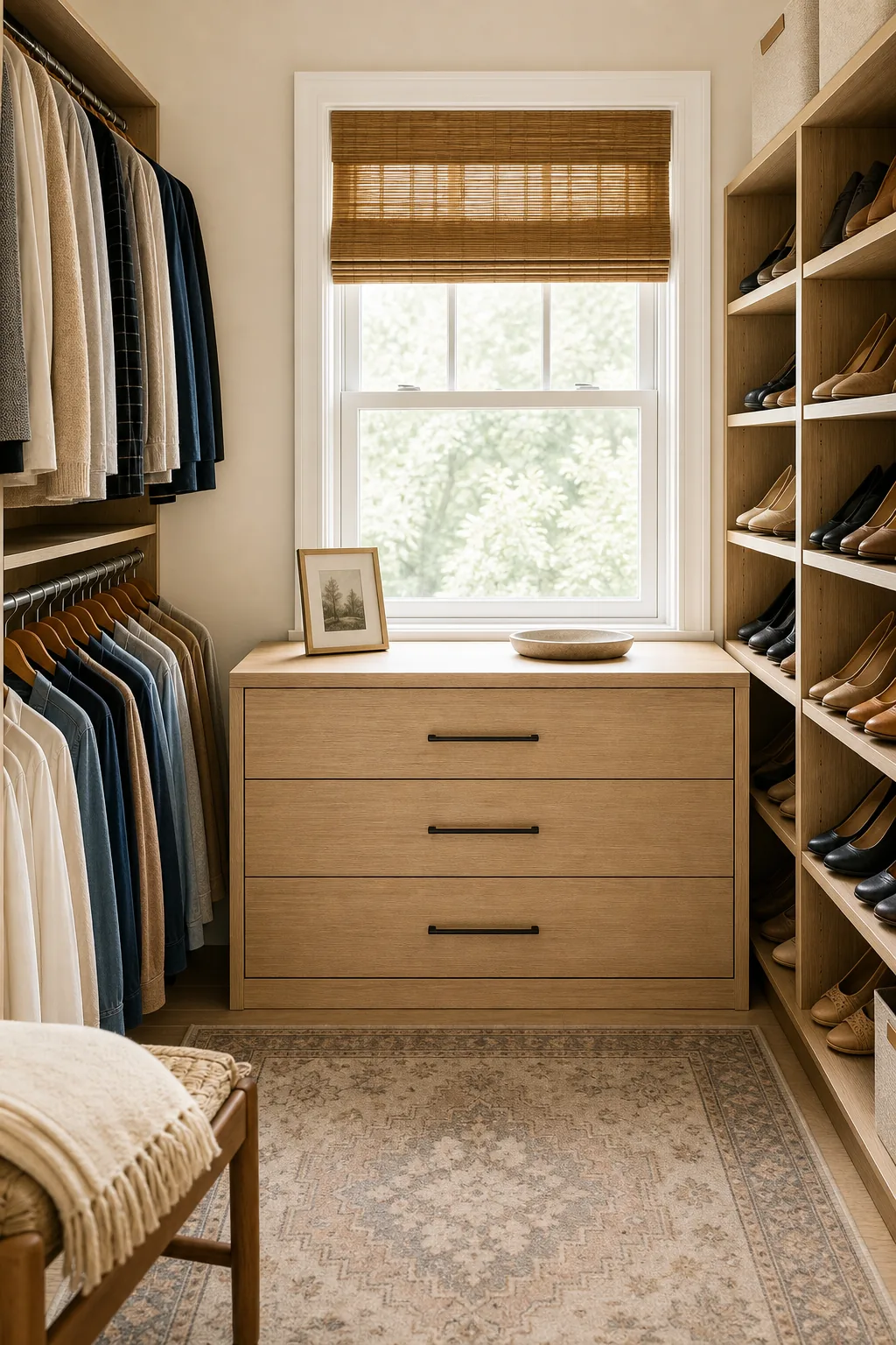 Light wood drawer unit built in under a window with a clear flat top surface.