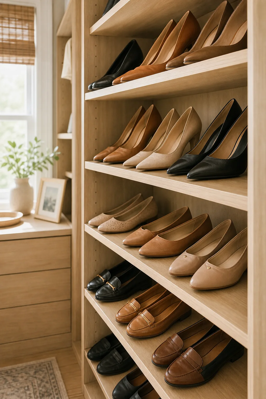 Eye-level angled wooden shelves displaying an organized collection of women's shoes.