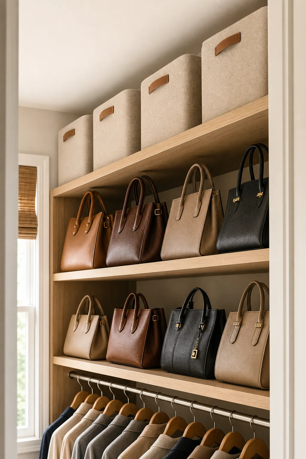 Flat wooden shelves holding structured leather handbags standing upright.