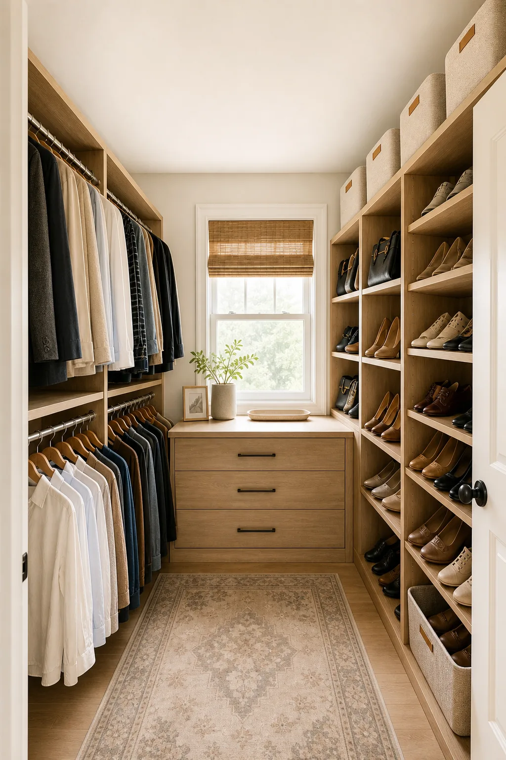 Matching beige fabric storage bins lined up on the highest shelf of a closet.