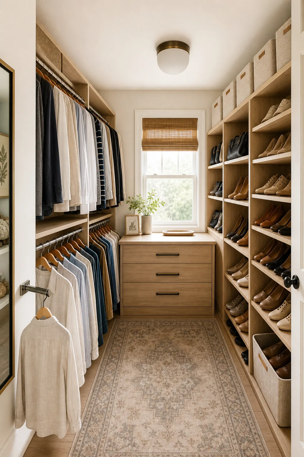 A fully organized walk-in closet with hanging rods, center drawers, and shoe shelves.