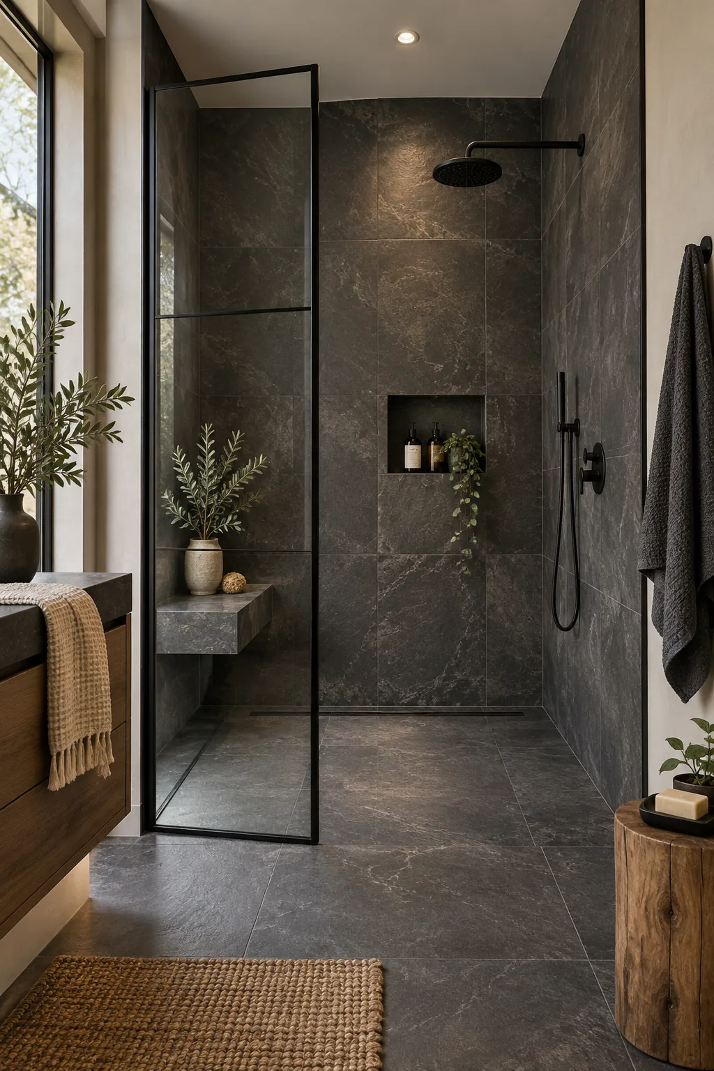 Moody industrial walk-in shower with charcoal slate tiles and matte black fixtures.