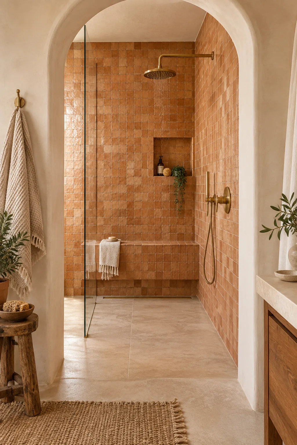 Warm Mediterranean walk-in shower with terracotta zellige tiles and unlacquered brass.