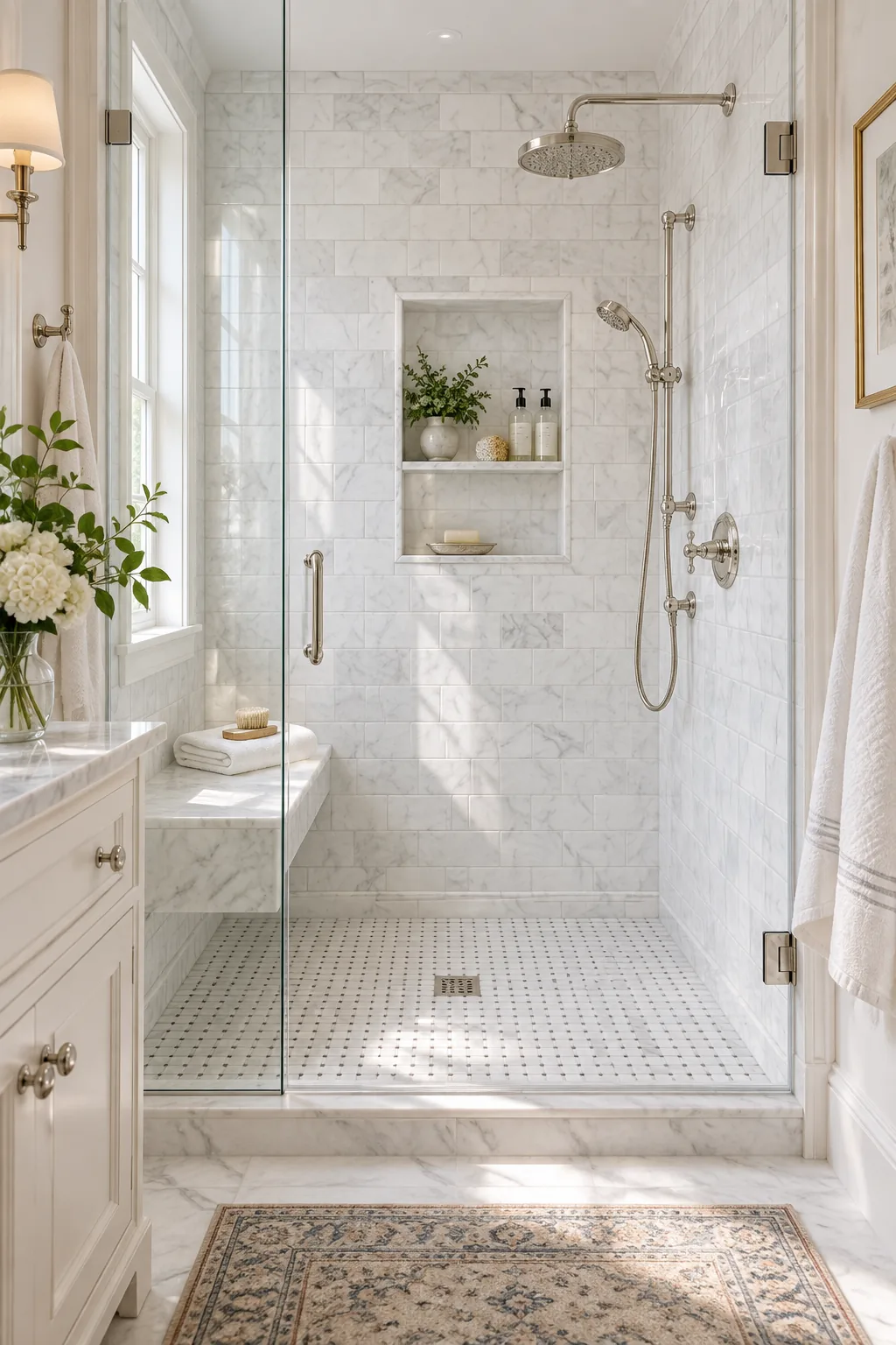 Classic traditional walk-in shower with white marble subway tile and polished nickel.