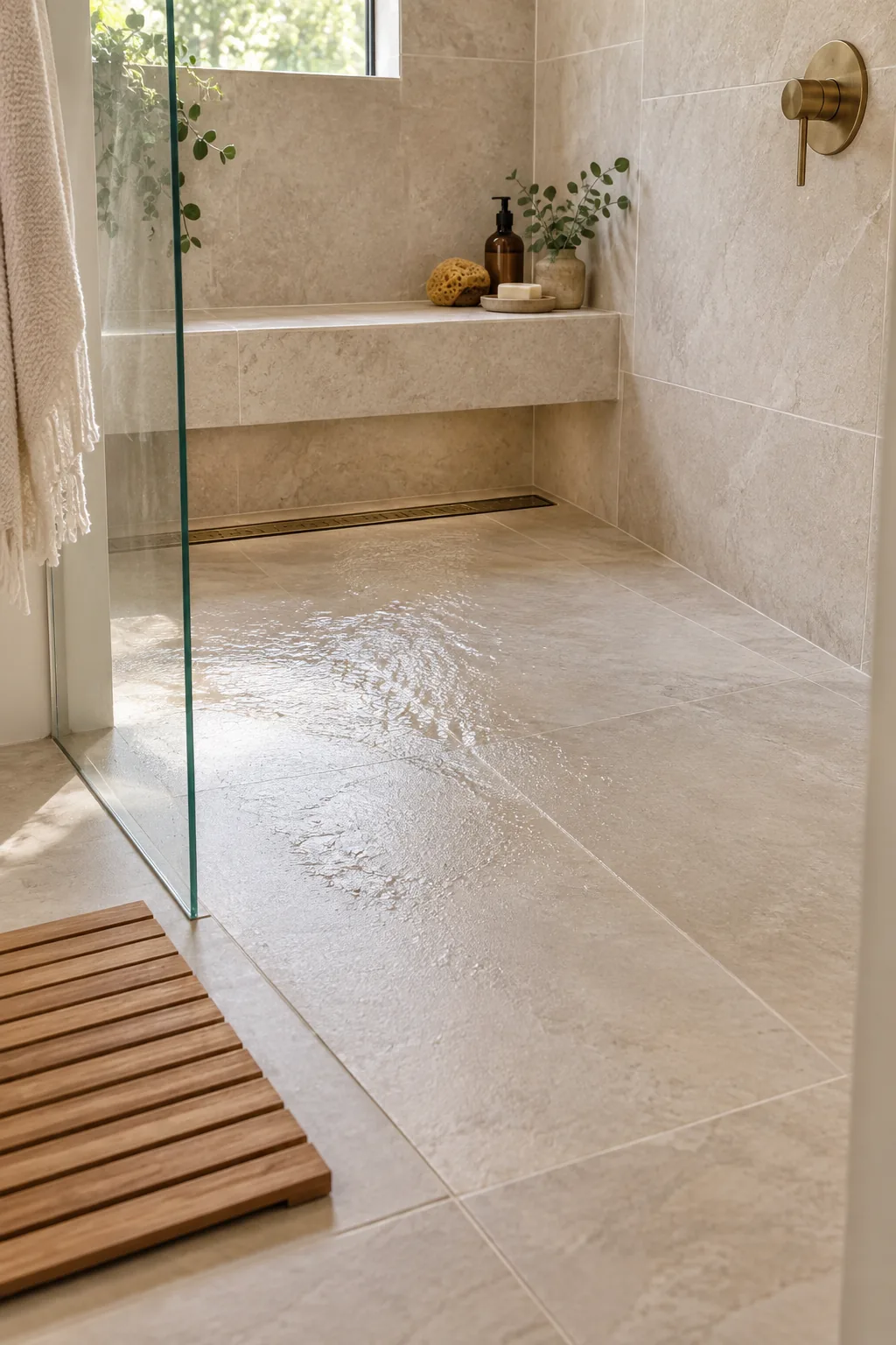 Close-up of a brass linear drain installed against the back wall of a tiled shower.