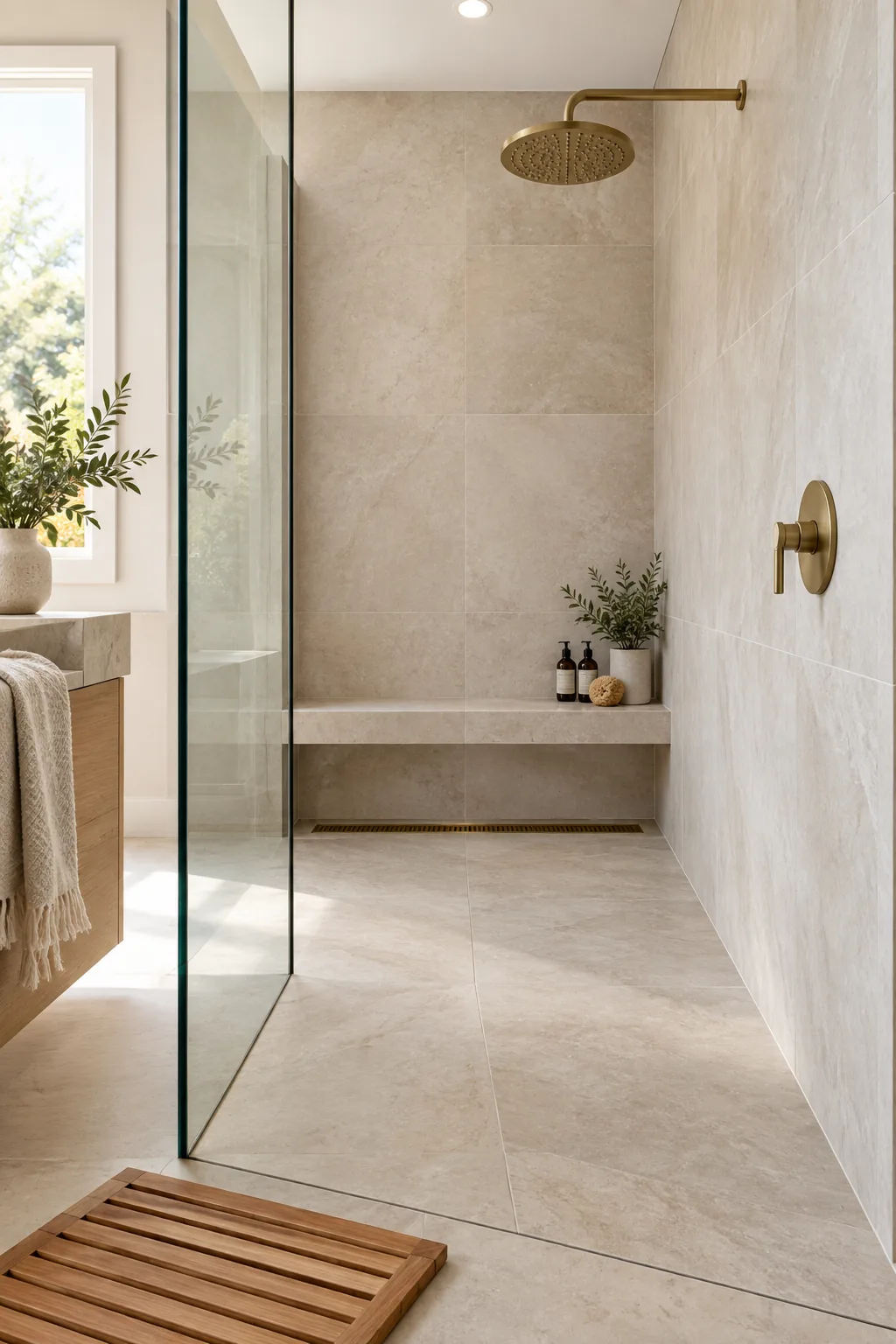 Shower floor showing a subtle downward slope toward the back wall.