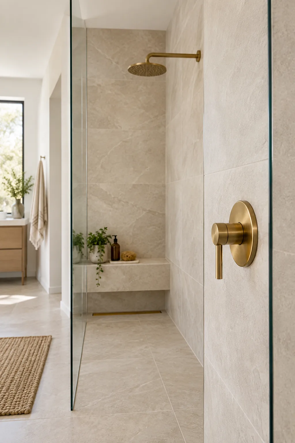Shower wall tile extending completely to the ceiling above a brass rain shower head.