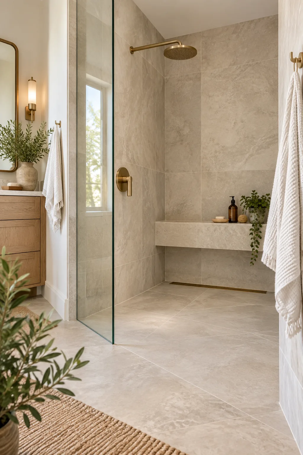 Brass shower mixing valve mounted on the side wall near the glass shower entry.