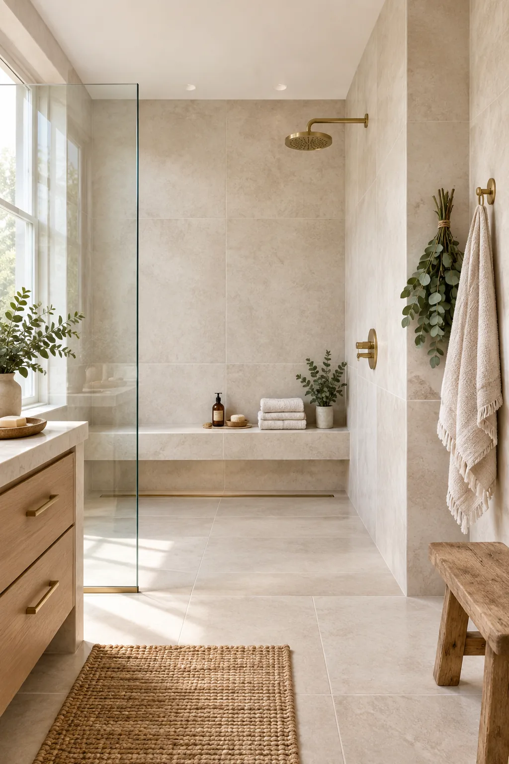 Tiled shower wall next to a bench, styled with hanging eucalyptus and a towel.