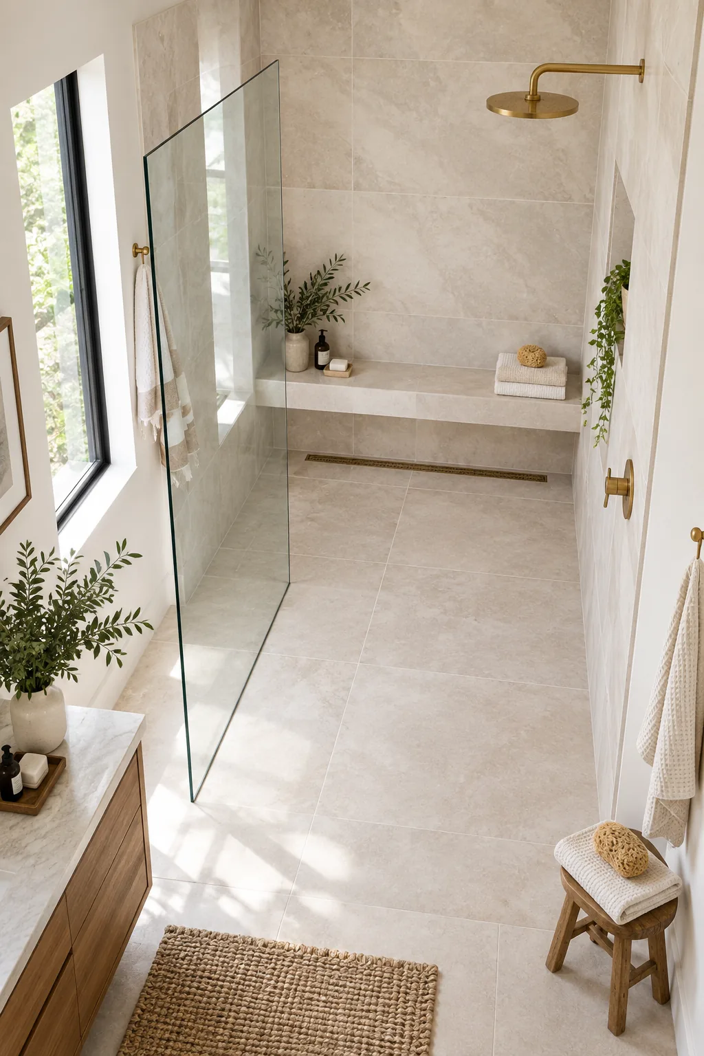 Wide view of a fully finished, brightly lit luxury walk-in shower with glass panel.
