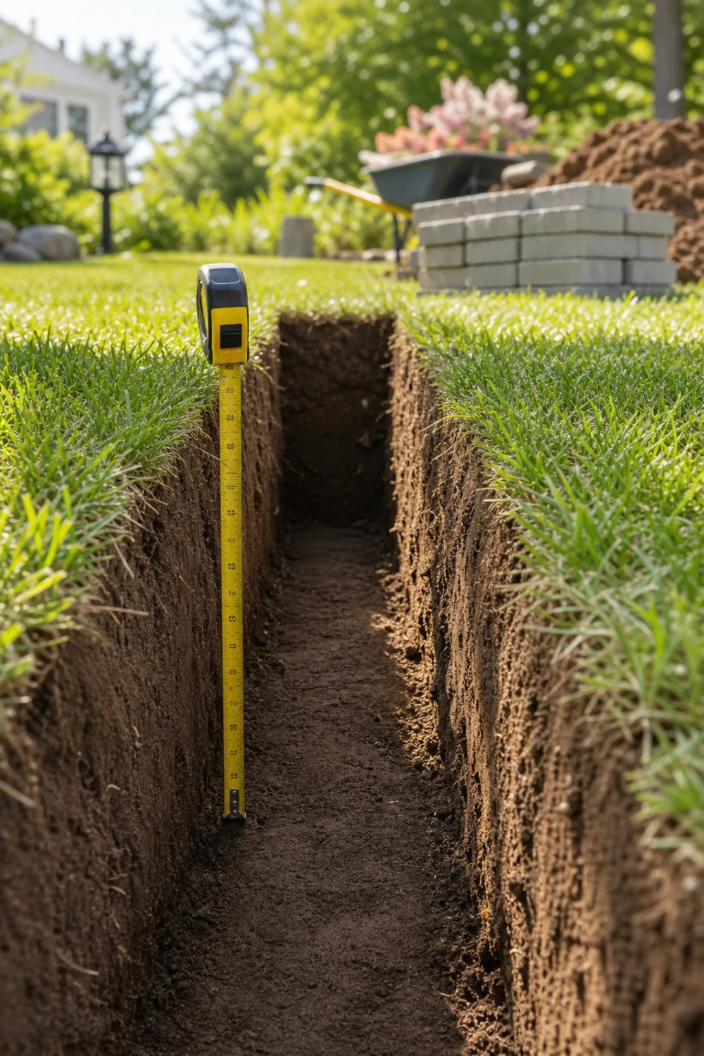 Measuring tape extended downward into a straight-sided dirt trench.