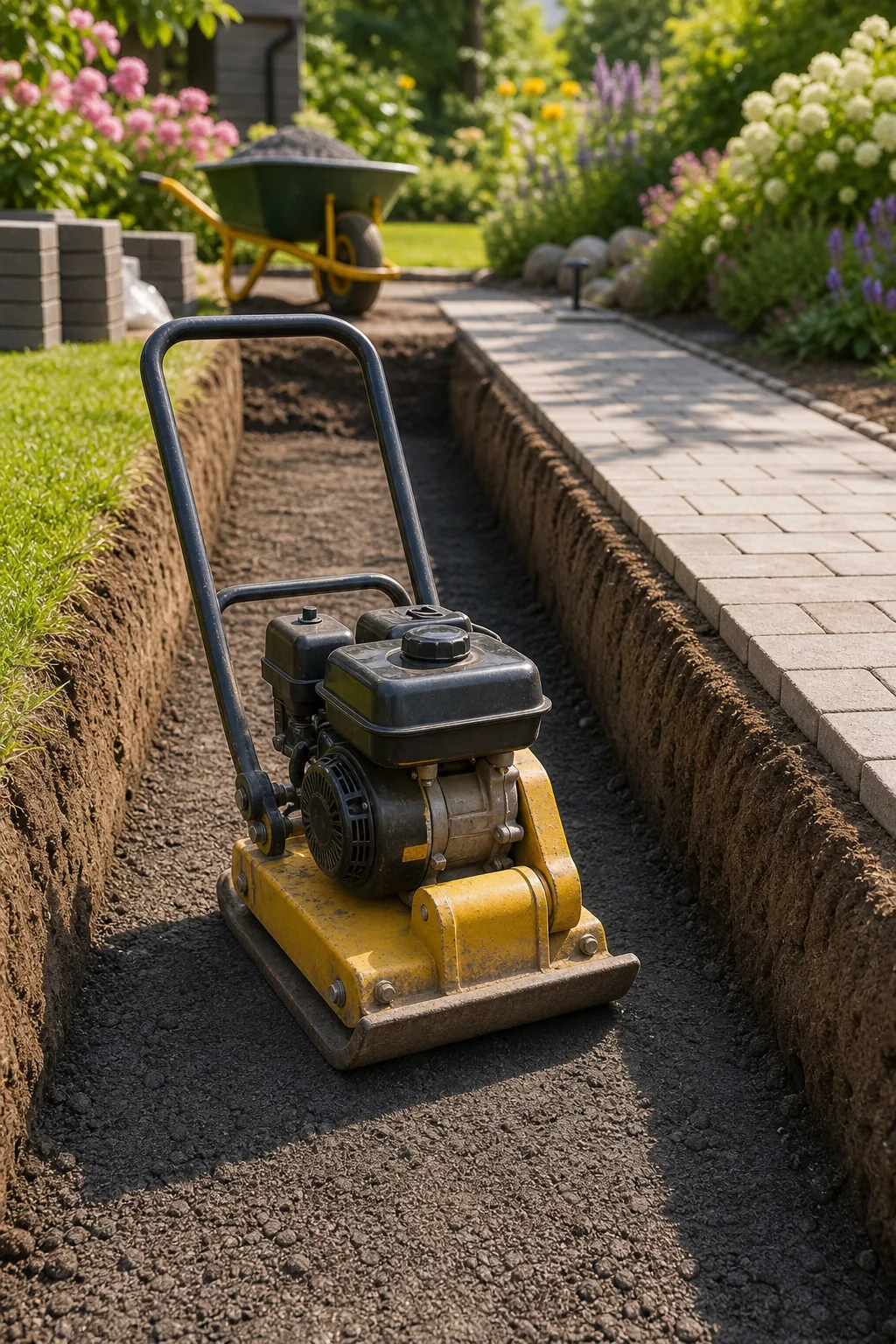 Vibratory plate compactor resting on flat, compacted dark soil.