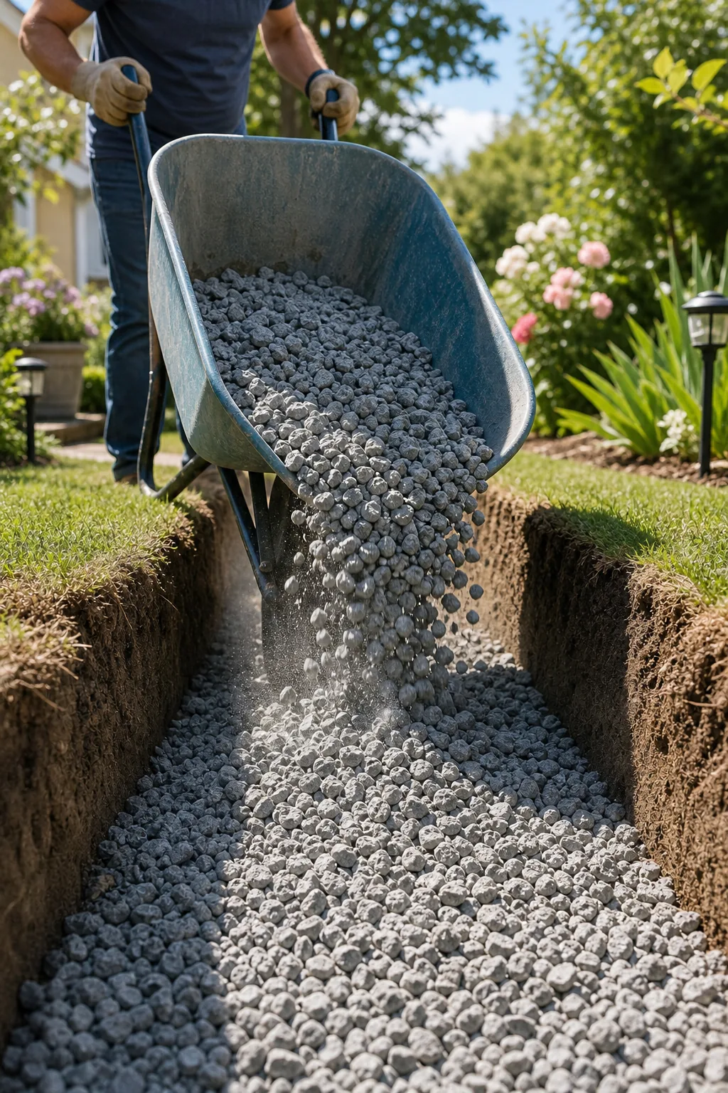 Wheelbarrow tipped forward, dumping gray crushed gravel into a trench.