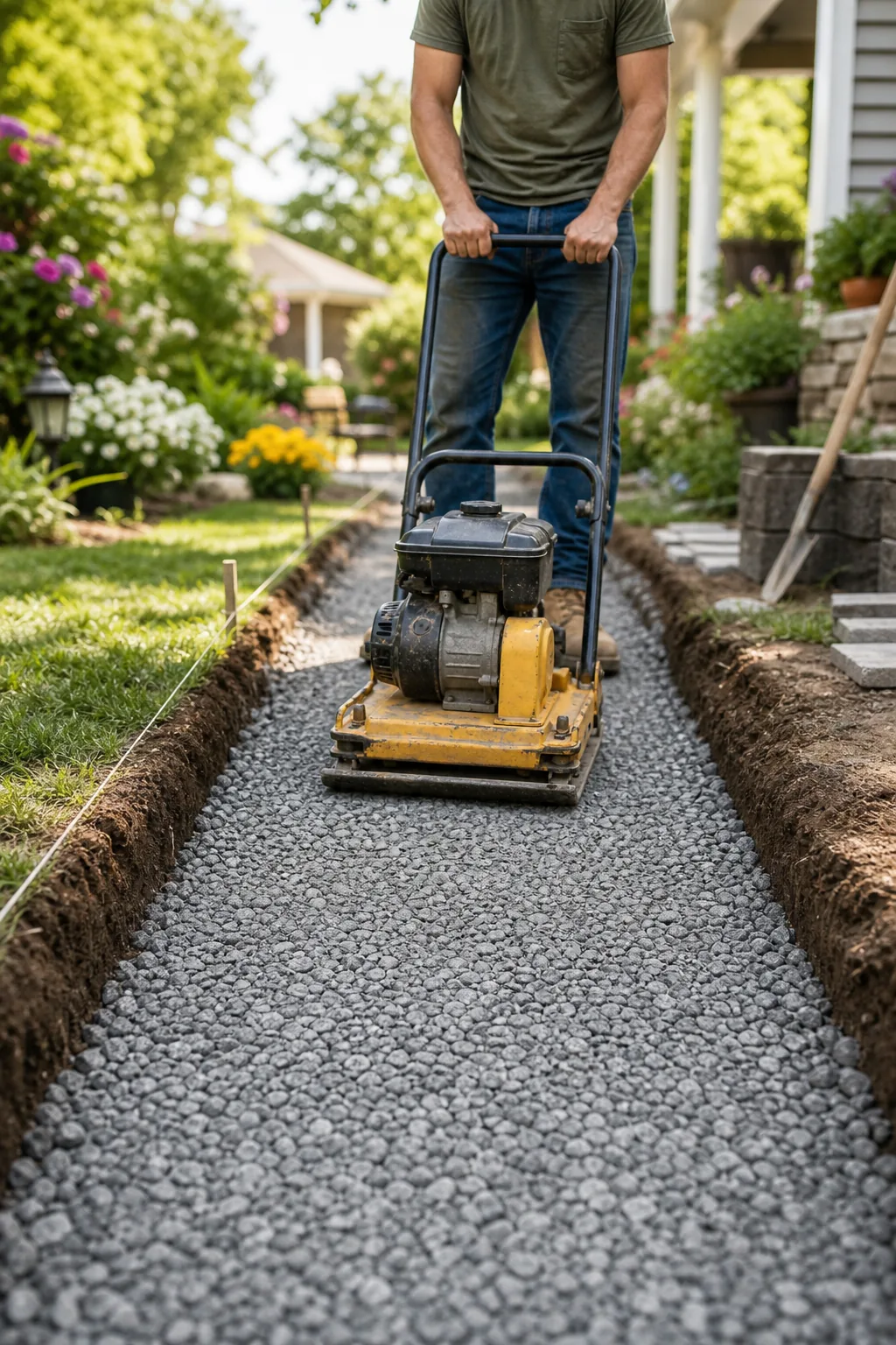 Person operating a plate compactor over a flat layer of gray gravel.
