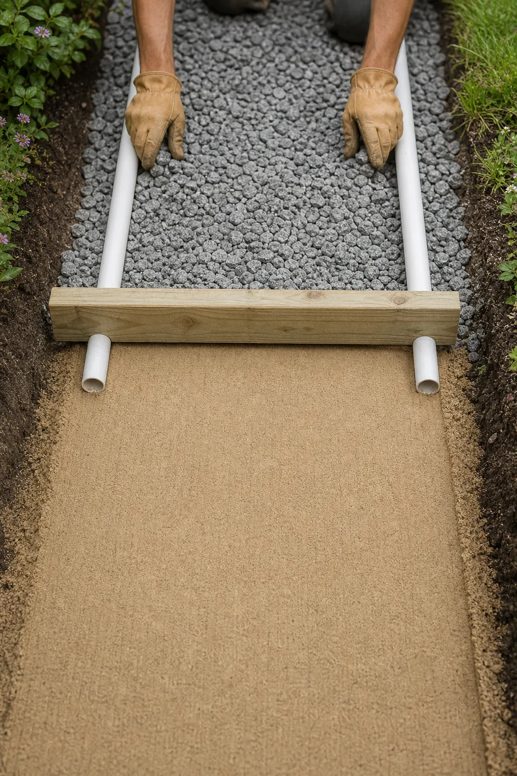 Wooden two-by-four board being pulled across two parallel white PVC pipes in sand.