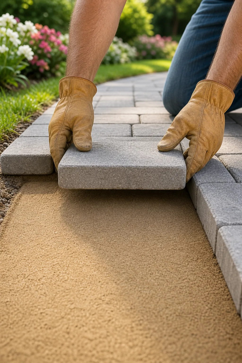 Hands lowering a gray concrete paver straight down next to an installed stone.