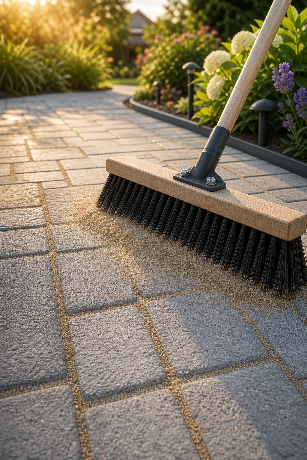 Stiff push broom sweeping fine tan sand into the narrow gaps between gray pavers.