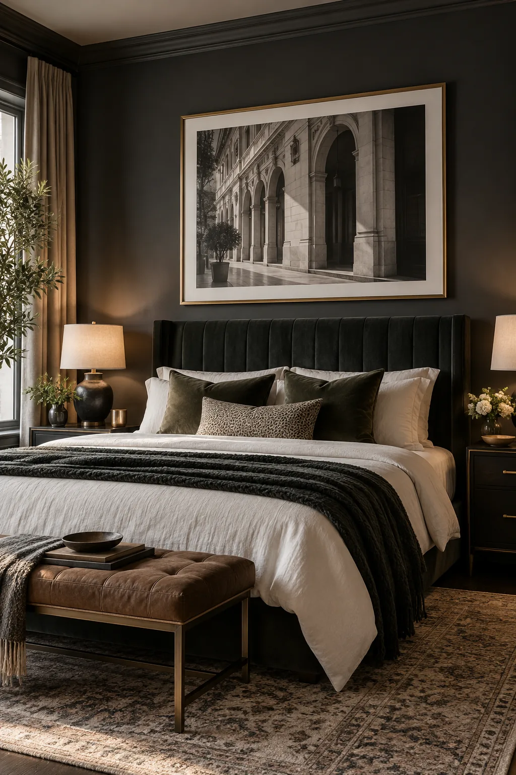 An oversized black-and-white photograph in a brass frame hanging over a velvet headboard against charcoal walls.
