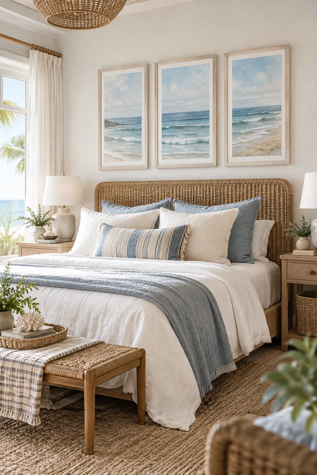 A triptych of three vertical seascape paintings hanging above a woven rattan headboard in a bright bedroom.