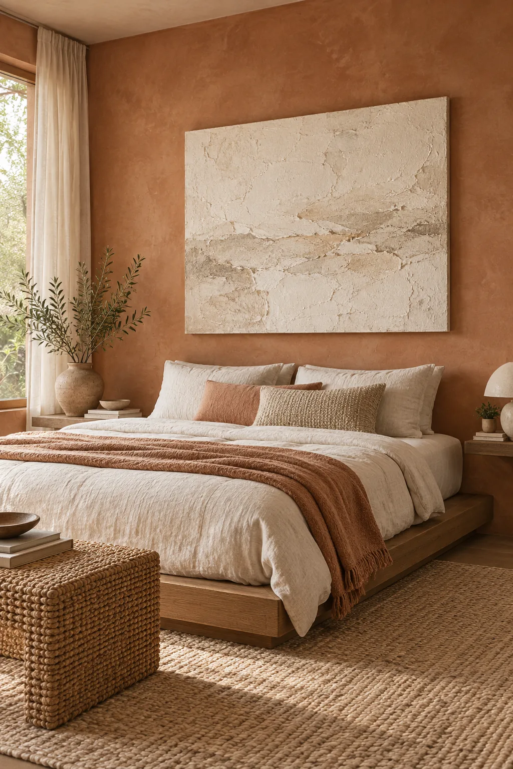 A large unframed textured canvas hanging above a low platform bed against warm terracotta plaster walls.
