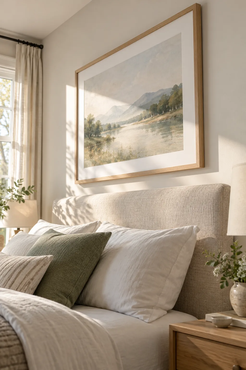 Close-up showing a tight 6-inch gap between a linen headboard and the bottom of a picture frame.