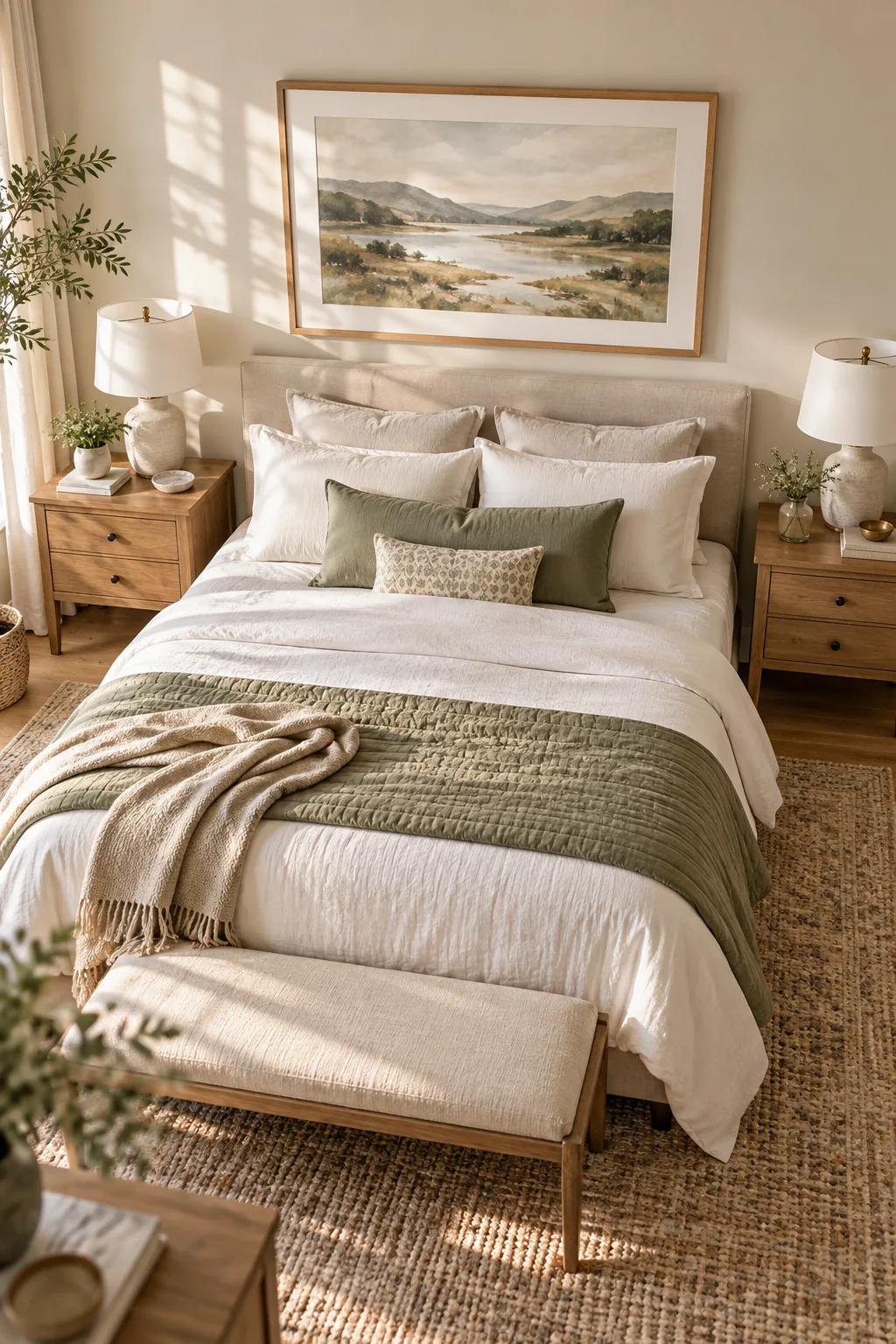 Sunlight hitting a framed landscape painting over a bed, showing a completely matte, non-glare acrylic surface.