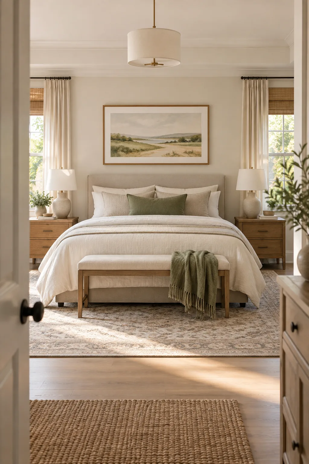 A symmetrical bedroom view showing a bed, centered artwork, and two nightstands with lamps that do not overlap the frame.