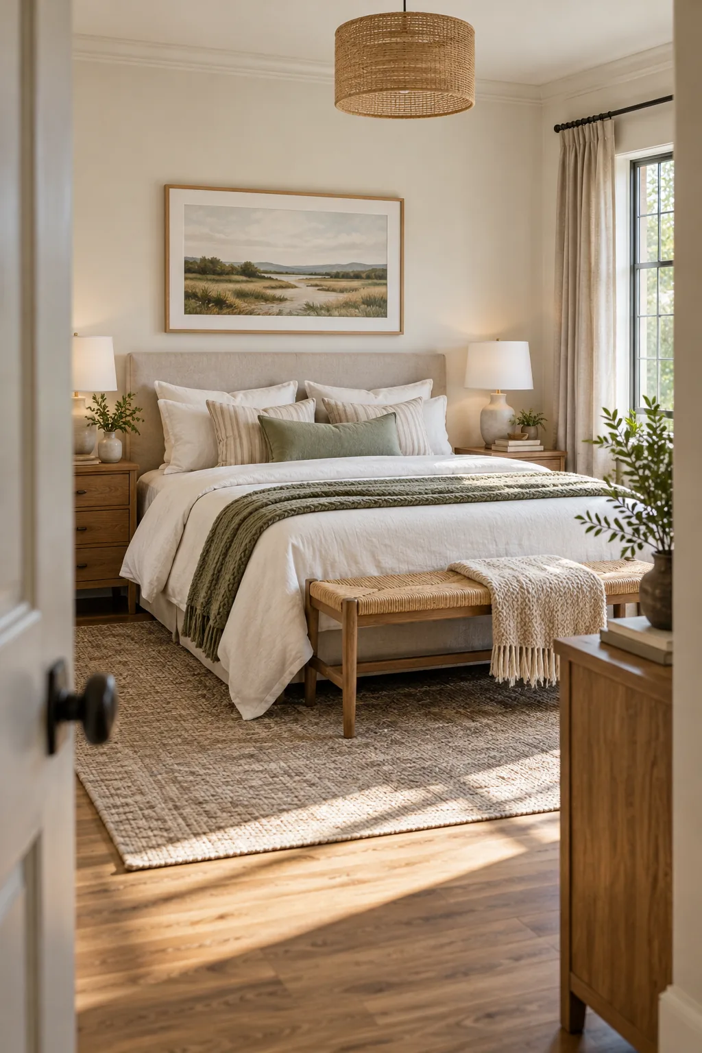 A view from the bedroom doorway showing a perfectly balanced bed and wall art arrangement.