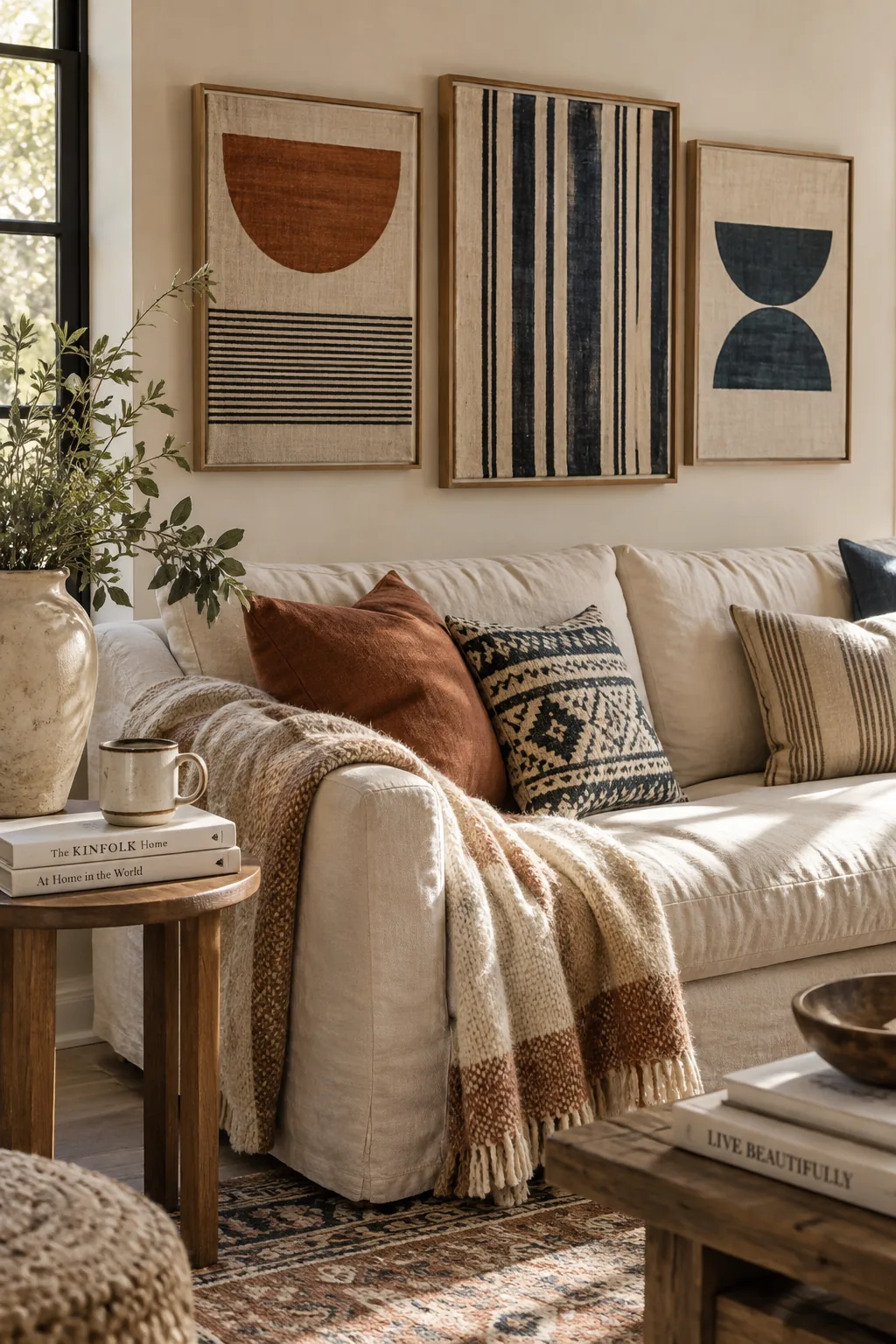 Framed fabric scraps hung over a living room sofa