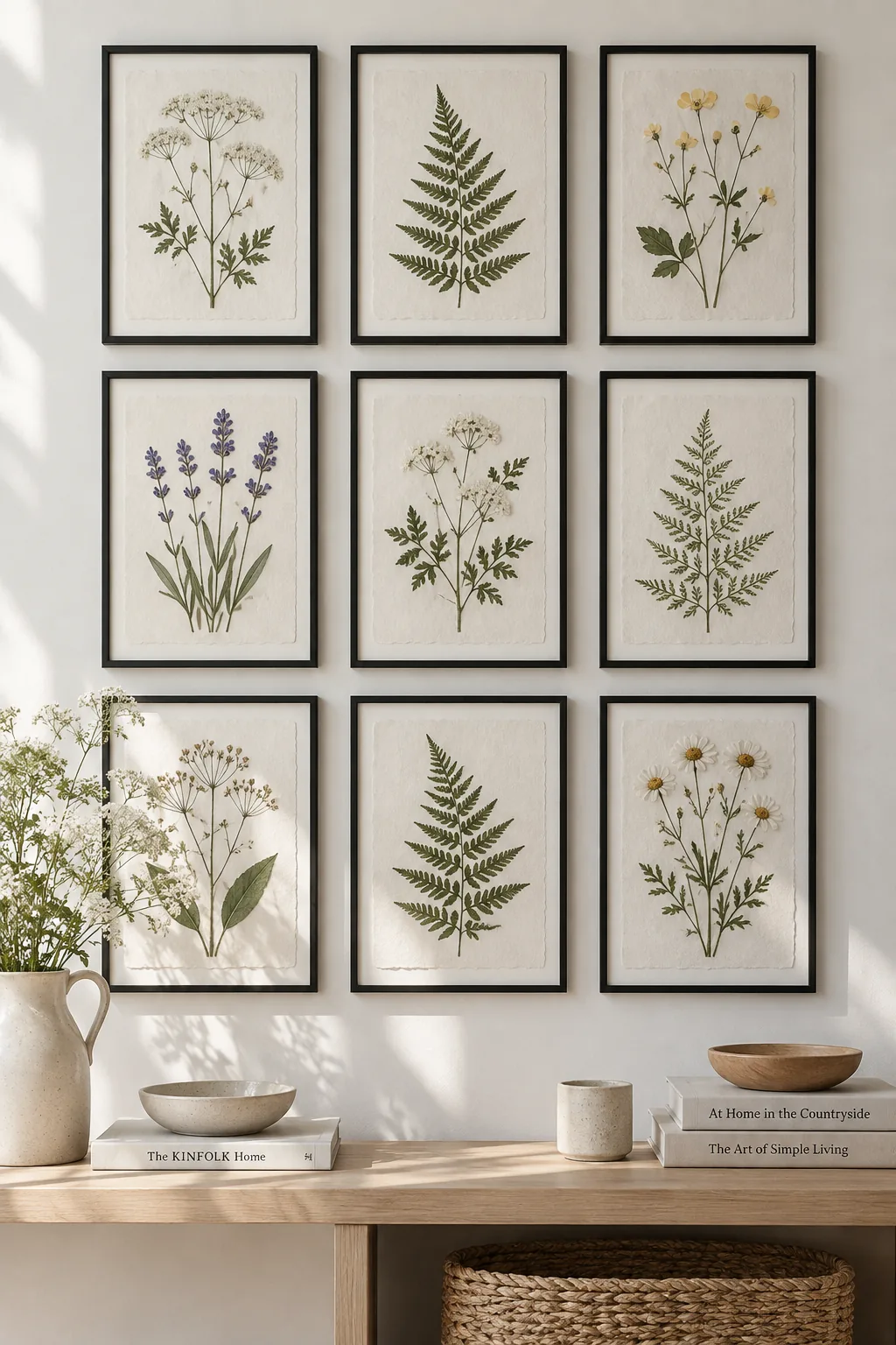 Grid of pressed botanical prints in slim black frames