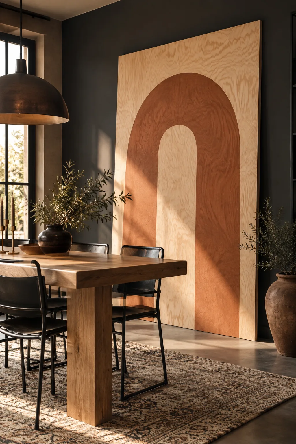 Oversized painted plywood leaning against a dining room wall