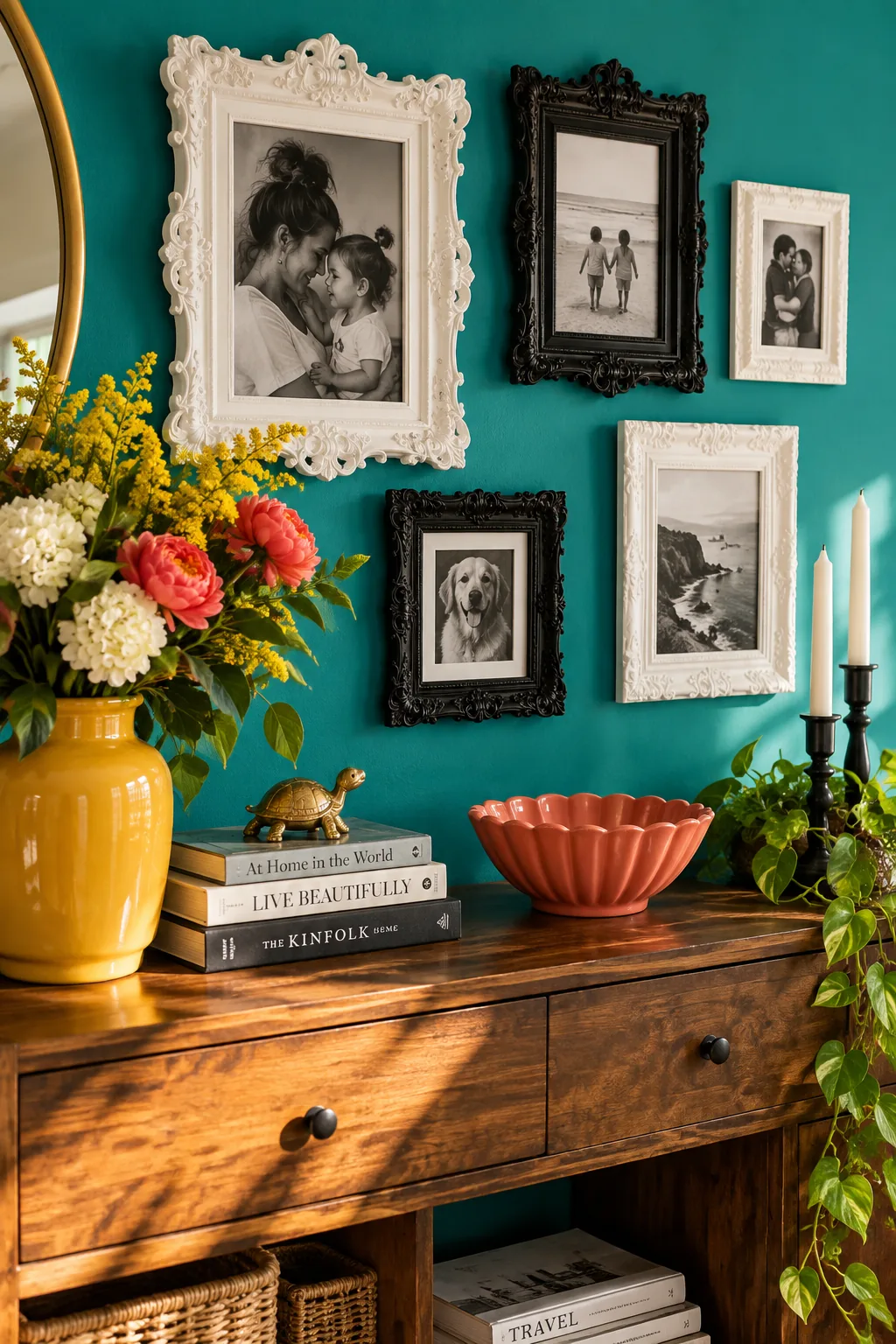 Gallery wall of mismatched thrifted frames painted black