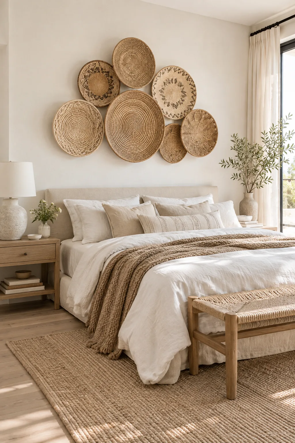 Cluster of woven baskets hung on a white wall