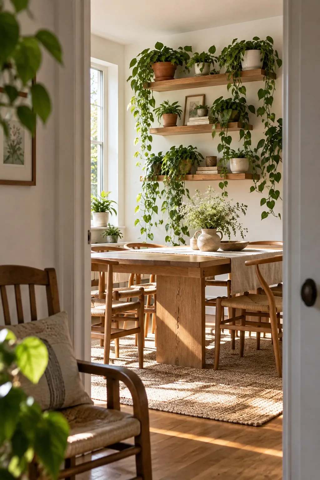 Three staggered wooden shelves filled with trailing plants