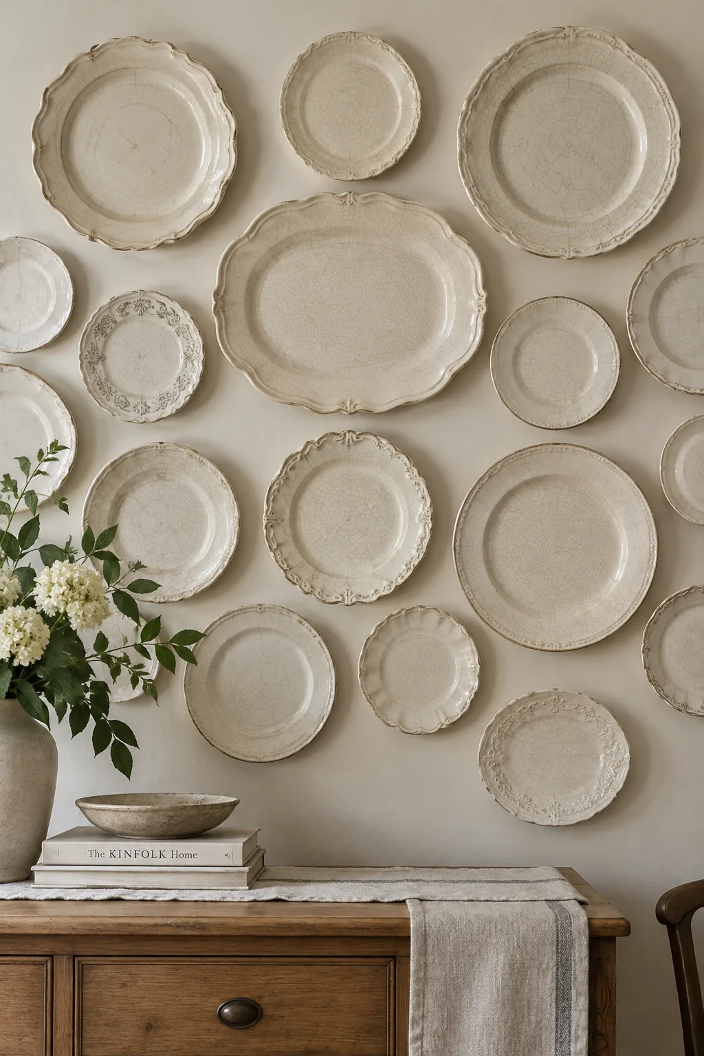 Symmetrical grid of vintage white ironstone plates